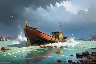 Impressionist painting a painting of a boat in a body of water,stefan koidl inspired,by Jesper Ejsing,by Ismail Inceoglu,dramatic artwork,bussiere rutkowski andreas rocha,inspired by Ismail Inceoglu,a ship lost in a storm,by Aleksander Gine,by William Bonnar,beautiful artwork,silvain sarrailh,,, (((masterpiece))),(((best quality))),((ultra-detailed)) . Loose brushwork, vibrant color, light and shadow play, captures feeling over form
,greg rutkowski,