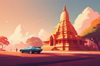 (by James Gilleard, (Andreas Rocha:1.15):1.05), cat, exotic car, Mahabodhi Temple, (side view:1.2), retro artstyle, award-winning, minimalist, simple, wide landscape, high contrast, highly detailed, intricate,