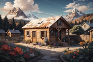 (Masterpiece, ultra detailed, hyper quality) a cute small but cozy wooden house on the edge of the village, photo next to the fence, the fence is out of focus, lots of trees and colorful flowers, small mountains and a few houses in the background, detailed clouds, bright colors,  

leonardo