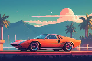 (by James Gilleard, (Andreas Rocha:1.15):1.05), cat, exotic car, Sanchi, dynamic angle, (side view:1.2), retro artstyle, award-winning, minimalist, simple, wide landscape, high contrast, highly detailed, intricate,