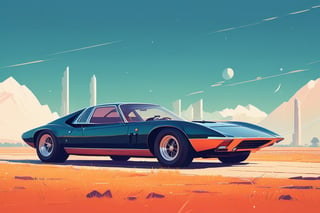 (by James Gilleard, (Andreas Rocha:1.15):1.05), cat, exotic car, The Champaner-Pavagadh Archaeological Park, dynamic angle, (side view:1.2), retro artstyle, award-winning, minimalist, simple, wide landscape, high contrast, highly detailed, intricate,