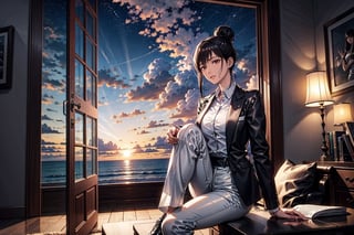 1girl, solo, looking at viewer, pale skin, black hair, straight hair, high bun, loose plain short black office jacket, white shirt, white formal pants, white shoes, night sky, sunset, interior, living room, scenery, highres, high quality, highly detailed