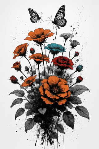 Vintage tshirt print design (on a white background:1.2), Retro Silhouette drawing of a bouquet of flowers from the front, with colors ink pop art blackground, delicate, filigram, centered, intricate details, high resolution, 4k, illustration style, Leonardo Style

