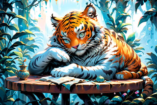 In the style of digital illustration, envision a tiger man peacefully napping with his head resting on a table, inspired by the whimsical and surreal world of Salvador Dali, where reality intertwines with dreams, featuring vibrant colors and surreal elements to add a touch of magic to the scene.

300 DPI, HD, 8K, Best Perspective, Best Lighting, Best Composition, Good Posture, High Resolution, High Quality, 4K Render, Highly Denoised, Clear distinction between object and body parts, Masterpiece, Beautiful face, 
Beautiful body, smooth skin, glistening skin, highly detailed background, highly detailed clothes, 
highly detailed face, beautiful eyes, beautiful lips, cute, beautiful scenery, gorgeous, beautiful clothes, best lighting, cinematic , great colors, great lighting, masterpiece, Good body posture, proper posture, correct hands, 
correct fingers, right number of fingers, clear image, face expression should be good, clear face expression, correct face , correct face expression, better hand position, realistic hand position, realistic leg position, no leg deformed, 
perfect posture of legs, beautiful legs, perfectly shaped leg, leg position is perfect,
,2d game scene
