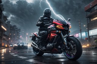 best quality, masterpiece, Extreme fast super Motorcycle, low angle view. liquid chrome, liquid silver, liquid gold wet on wet, ultra highly detailed, cinematic, Super various sport luxury Motorcycles, low angle view, fast, high speed, high detailed, 16k, while driving, lightning, electrical, technical, a heart-pounding motorcycle chase. adrenaline-fuelled, dynamic angles and intense lighting. (((parallax motion blur))), ((ultra-detailed details))) high-speed excitement, dutch angle view from in front, ultra hd, realistic, vivid colors, highly detailed, UHD drawing, perfect composition, ultra hd, 8k, he has an inner glow, stunning, something that even doesn't exist, mythical being, energy, molecular, textures, iridescent and luminescent scales, breathtaking beauty, pure perfection, divine presence, unforgettable, impressive, breathtaking beauty, Volumetric light, auras, rays, vivid colors reflects.,Cyberpunk,photorealistic