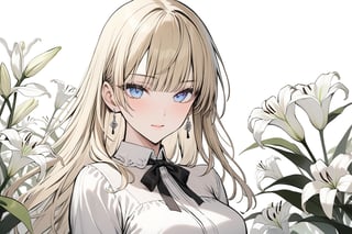 masterpiece, best quality, 1girl, solo, long hair, looking at viewer, bangs, blue eyes, blonde hair, shirt, bow, ribbon, jewelry, closed mouth, flower, earrings, blunt bangs, grey background, black ribbon, black bow, neck ribbon,  lily \(flower\), depth_of_field, ,1girl