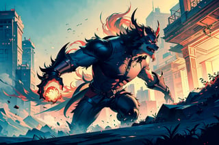 art by Nguyen Lan, ( extremely beautiful:1.4), (masterpiece, best quality:1.4) , two enemies fight in a cityscape and in the background a giant monster breathing fire from its mouth ,Movie Still