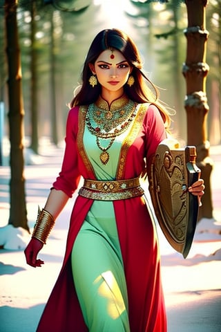 a woman indian  wearing divine  indian  clothes, she walks in the forest , she holds her sword in her right hand and her shield in the other hand ,Indian dress