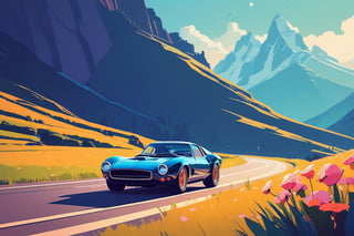 (by James Gilleard, (Andreas Rocha:1.15):1.05), cat, exotic car, Valley of Flowers National Park, dynamic angle, (side view:1.2), retro artstyle, award-winning, minimalist, simple, wide landscape, high contrast, highly detailed, intricate,