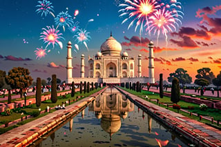 A man enjoying fireworks at night, Majestic, awe-inspiring view of the Taj Mahal at sunrise, high-quality, photorealistic, architectural masterpiece, marble beauty, symmetrical design, historical landmark, love monument, white marble, Mughal empire, UNESCO World Heritage Site, New Year event, candid photography, happy moment, best quality, 16k,  ultra realistic, photorealistic,Realism,Portrait, cyborg style