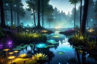 Enchanted Forest Clearing - Whimsical night, bioluminescent plants and creatures, a glowing pond in the center with ethereal mist, fireflies creating light trails, high fantasy, ultra-realistic textures, ray tracing illumination, ambient occlusion, depth of field, wide angle lens perspective