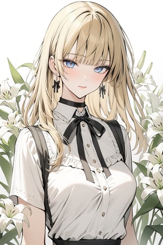 masterpiece, best quality, 1girl, solo, long hair, looking at viewer, bangs, blue eyes, blonde hair, shirt, bow, ribbon, jewelry, closed mouth, flower, earrings, blunt bangs, grey background, black ribbon, black bow, neck ribbon,  lily \(flower\), depth_of_field, ,1girl