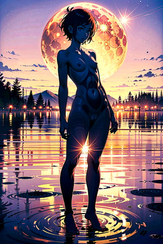best quality, ultra detailed, 1Girl, solo, white hair, small girl, (short hair:1.2), (full body, head to toe), (silhouette, Silhouette art of a naked woman:1.4), Open stance, hands over head, (nude, best proportions, flat chest:1.3), (big moon), Backlighting, lakeside, water surface, water drops, fantastical, imaginative, visually rich, nostalgic, vivid, expansive, star night, moon night, 