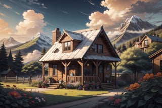 (Masterpiece, ultra detailed, hyper quality) a cute small but cozy wooden house on the edge of the village, photo next to the fence, the fence is out of focus, lots of trees and colorful flowers, small mountains and a few houses in the background, detailed clouds, bright colors,  

leonardo