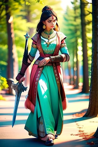 a woman indian  wearing divine  indian  clothes, she walks in the forest , she holds her sword in her right hand and her shield in the other hand ,Indian dress