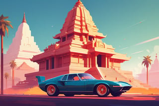 (by James Gilleard, (Andreas Rocha:1.15):1.05), cat, exotic car, Hindu Temple, dynamic angle, (side view:1.2), retro artstyle, award-winning, minimalist, simple, wide landscape, high contrast, highly detailed, intricate,