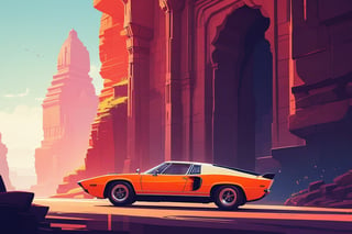 (by James Gilleard, (Andreas Rocha:1.15):1.05), cat, exotic car, Ellora Caves, (side view:1.2), retro artstyle, award-winning, minimalist, simple, wide landscape, high contrast, highly detailed, intricate,
