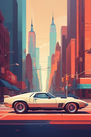 (by James Gilleard, (Andreas Rocha:1.15):1.05), cat, exotic car, new york, dynamic angle, (side view:1.2), retro artstyle, award-winning, minimalist, simple, wide landscape, high contrast, highly detailed, intricate,