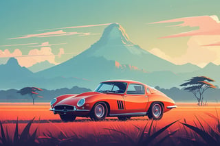 (by James Gilleard, (Andreas Rocha:1.15):1.05), cat, exotic car, Kaziranga National Park, (side view:1.2), retro artstyle, award-winning, minimalist, simple, wide landscape, high contrast, highly detailed, intricate,