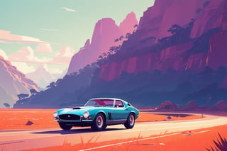 (by James Gilleard, (Andreas Rocha:1.15):1.05), cat, exotic car, Manas National Park, dynamic angle, (side view:1.2), retro artstyle, award-winning, minimalist, simple, wide landscape, high contrast, highly detailed, intricate,