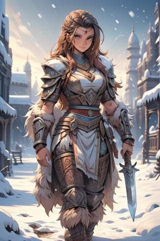 a woman indian  wearing divine  indian  clothes, she walks in the snow , she holds her sword in her right hand and her shield in the other hand 