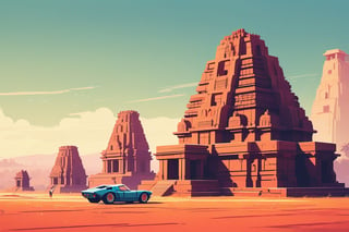 (by James Gilleard, (Andreas Rocha:1.15):1.05), cat, exotic car, Group of Monuments at Hampi, (side view:1.2), retro artstyle, award-winning, minimalist, simple, wide landscape, high contrast, highly detailed, intricate,