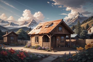 (Masterpiece, ultra detailed, hyper quality) a cute small but cozy wooden house on the edge of the village, photo next to the fence, the fence is out of focus, lots of trees and colorful flowers, small mountains and a few houses in the background, detailed clouds, bright colors,  

leonardo