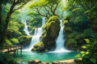 waterfall, rainforest, wooden walkway, lake(best quality,Masterpiece,EpicArt,xjrex,(best quality