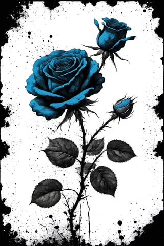 Vintage tshirt print design (on a white background:1.2), Retro Silhouette drawing of a bouquet of blue rose flowers from the front, with colors ink pop art blackground, delicate, filigram, centered, intricate details, high resolution, 4k, illustration style, Leonardo Style

