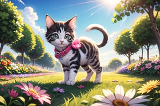 (A cute kitten) playing with a ball in a garden, surrounded by flowers. The kitten has a mischievous grin on its face and is wearing a small, colorful collar. The sun is shining brightly in the background. In the foreground, a (four-leaf clover) is visible, poking out from behind a bright pink flower.