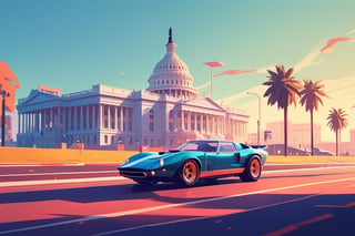 (by James Gilleard, (Andreas Rocha:1.15):1.05), cat, exotic car, Capitol Complex Tourist Center, dynamic angle, (side view:1.2), retro artstyle, award-winning, minimalist, simple, wide landscape, high contrast, highly detailed, intricate,