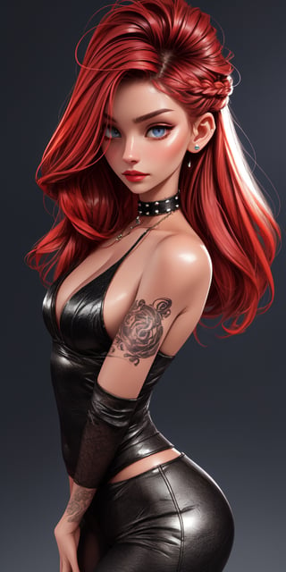 A seductive rock chick wearing black leather. clothes.chocker. studs.tatoos,.long red hair in a single braid.beautiful.over sized blue eyes.large breasts .cleavage.small waist.large hips.focus from torso up.atitude.menacing.8k uhd masterpiece .facing viewer.black background,SAM YANG