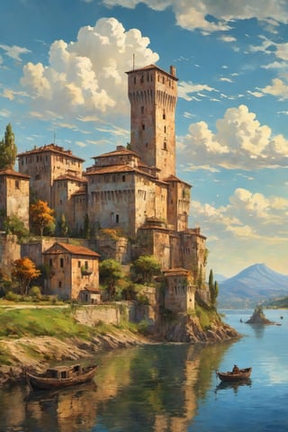 (Oil painting:1.3) of a wonderful (medieval castle in Italy:1.4), island in the middle of a lake, castle full view closeup from the lake shore, (in the open:1.2), 14th century, (golden ratio:1.3), (medieval architecture:1.3), (mullioned windows:1.3), (brick wall:1.1), (towers with merlons:1.2), (broad sky view:1.2), beautiful blue sky with imposing cumulonembus clouds, small boats, BREAK, (aerial view:1.2), in the style of Jack Kirby, (soft diffused lighting:1.2), vignette, highest quality, original shot. BREAK Front view, well-lit, (perfect focus:1.2), award winning, detailed and intricate, masterpiece, itacstl,Comic Book-Style 2d,art_booster,ink ,oil paint