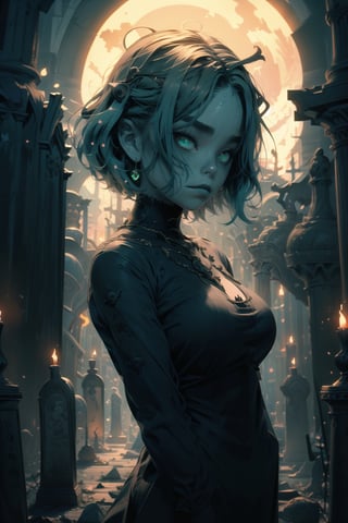 nsfw, nude, 21yo naked girl, (masterpiece, best quality, highres:1.3), ultra resolution image, (1girl), female, (solo), green hair, eyes glinting, eerie charm, gothic, (spectral chic:1.4), cryptic, labyrinthine cemetery, gothic arches, elegance, (necropolis:1.5),glitter, ohterworldly energy, green wisps, undead maiden, moonlit paradise,  (mystic tranquility:1.3), realm of the decease, chaosmix,a woman m111y