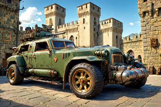 (Documentary photograph:1.3) of a magnificent (castle:1.4), (stone wall:1.2), 14th century, (golden ratio:1.3), BREAK shot on Canon EOS 5D, eye level, Fujicolor Pro film, in the style of Easton Chang, (photorealistic:1.3), (soft diffused lighting:1.2), vignette, highest quality, original shot. BREAK Front view, well-lit, (perfect focus:1.2), award winning, detailed and intricate, masterpiece

Sentinel-X, create an awe-inspiring image of a military green color armored vehicle parced on the backdrop of a medieval castle, poster composition, modified car, black rim, hot wheels style, sunny day, cool, aesthetic, full car in frame, full car picture, highly detailed, 8k, ultra sharp, masterpiece, realistic, detailed headlights, 4k headlight, real_booster, dieselpunk style,

H effect, itacstl, Comic Book-Style 2d, c_car, DieselPunkAI