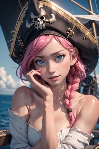 nsfw, nude, 21yo naked girl, ((Ultrawide)), Analog style, photo of a girl, (1girl, pirate girl), (pink hair braid), ((pretty  face: 1.7, perfect face:1.5)), (perky small breasts),  pale skin, shiny skin, tattoos, white clothes, pirate clothes, pirate corset, pirate hat, leaning on the mast, gesturing hands, sword, pirate ship, sea, 8k, 3d, (best quality:1.5, hyperrealistic:1.5, photorealistic:1.4, madly detailed CG unity 8k wallpaper:1.5, masterpiece:1.3, enthusiastically detailed photo:1.2), (hyper-realistic lifelike texture:1.4, realistic eyes:1.2), (octane render, unreal engine 5), medium shot