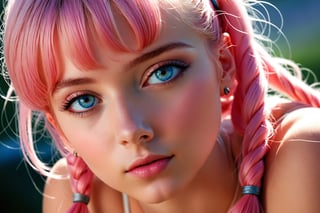 nsfw, 21yo girl, Masterpiece, Sensual graphic novel scene: A beautiful young girl, sexy curves and adorable cute face, short pink hair, low twintails, blue eyes, canon 8 5 mm f 1, 2 lens, depth of field, hq, filmic, dreamy, lens flare, in - focus, by Mark Arian, by Jean Giraud and Moebius, hyperrealistic, instanely detailled art
