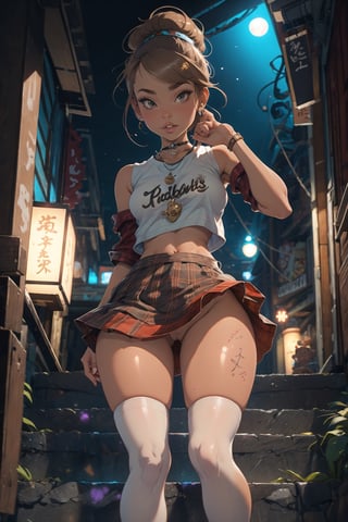 nsfw, 21yo girl, see-through clothes, professional photo, stunningly beautiful girl, 1girl, japanese girl, gal, gyaru, sitting on stairs, open legs wide, from below, Light brown hair, perky small breasts, Anime print no-sleeve t-shirt, (plaid mini skirt:1.5), (((no panties))), (((bottomless))), sport shoes, white thighhighs