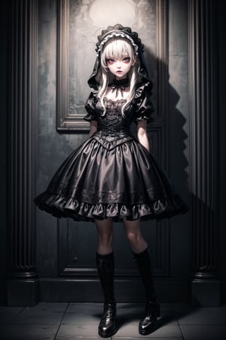 nsfw, nude, 21yo naked girl, ((​masterpiece、top-quality)), (Photorealistic photography:1.4), (gothic lolita:1.5), White Elegance, Highly detailed frills, (intricate detailes),1 persons, female, Mystical Beautiful Girl, Very young face, perfect anatomia, perfectly proportions, face perfect, Strong gothic makeup, Whitewashed face, Purple Lipstick, Purple eyeshadow, (Heavy makeup:1.4), Pathological beauty, Bright on the face, Details of face, serious faces, blondehair, Long straight hair, Parting aligned bangs, Hair that flutters in the wind, Gothic Lolita costume in black and bubblegum pink,Hood of her vertical roll, Black and bubblegum pink miniskirt bulging with panniers, lace-up boots, Very short stature, perky small breasts, Stand cross-legged, um Home Detetive, conceptual art, 真实感, godrays, Cinematographic lighting, canon, high details, hiquality, HD fine, 16K resolution, Full body portrait, full body Esbian,