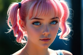 nsfw, 21yo girl, Masterpiece, Sensual graphic novel scene: A beautiful young girl, sexy curves and adorable cute face, short pink hair, low twintails, blue eyes, canon 8 5 mm f 1, 2 lens, depth of field, hq, filmic, dreamy, lens flare, in - focus, by Mark Arian, by Jean Giraud and Moebius, hyperrealistic, instanely detailled art