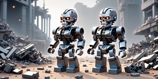 (masterpiece, best quality:1.5) , Terminator Endoskeleton, ruined environment, destruction, character recreation, designer toy, full body, cinematic scene, intricate mech details, ground level shot, blender, 8K resolution, Cinema 4D, Behance HD, polished metal, shiny, data, trash hill dawn background,lego