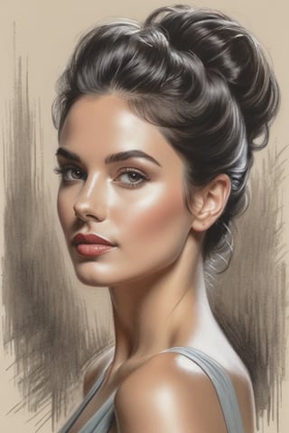 pencil Sketch of a beautiful young woman, with black hair, elegant updo hairstyle, alluring, portrait by Charles Miano, pastel drawing, illustrative art, soft lighting, detailed, more Flowing rhythm, elegant, low contrast, add soft blur with thin line, three quarter pose