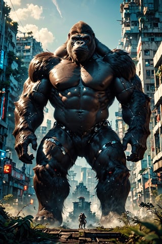 (Masterpiece:1.5), (Best quality:1.5), Cyberpunk style, full body, A towering King Kong, amidst a ruined city, bellows in fury. The massive creature, its fur a shimmering silver, muscles rippling beneath its majestic form, stands as a symbol of primal power and untamed beauty. This remarkable image is a digitally enhanced photograph, capturing every intricate detail with stunning clarity and depth. The backdrop of crumbling buildings and twisted metal only serves to enhance the gorilla's imposing presence, making it a truly unforgettable sight. With each pixel meticulously crafted, this image exudes a sense of awe and wonder, leaving viewers breathless in the face of such magnificence, King Kong,Magic Forest