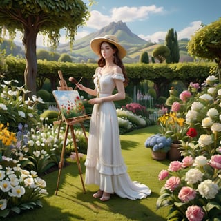 (masterpiece),  An image of a woman standing in a garden,  wearing a white dress and a straw hat,  painting a picture with an easel and brush,  the image is 8k quality