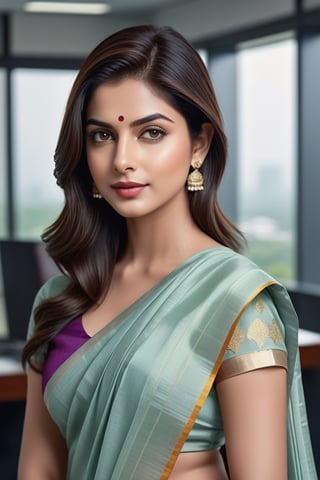 create a hyper realistic vertical photo of Indian most attractive woman in her 20s, Trendsetter wolf cut hair, trending on artstation, portrait, digital art, modern, sleek, highly detailed, formal, determined, wearing plain cotton saree, in luxurious office, 36D , fairy tone, fair skin, flirty gaze, anne hathway