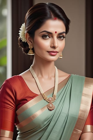 create a hyper realistic vertical photo of Indian most attractive woman in her 50s, Trendsetting updo hair, trending on artstation, portrait, digital art, modern, sleek, highly detailed, formal, determined, wearing cotton saree, in luxurious home, 36D , fairy tone, fair skin, flirty gaze, anne hathway