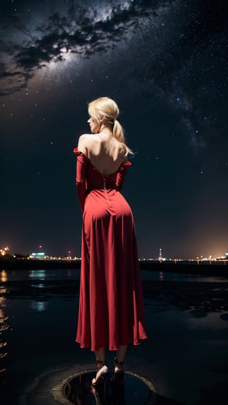 beautiful woman standing at the centre of the illustration, long red dress with bare back, shot from behind, low view, shot from below, starry night sky, face barely visible, almost turning back, blonde hair, night sky, mirror watery ground, masterpiece, high quality, high resolution, highly detailed. 8k, HD resolution