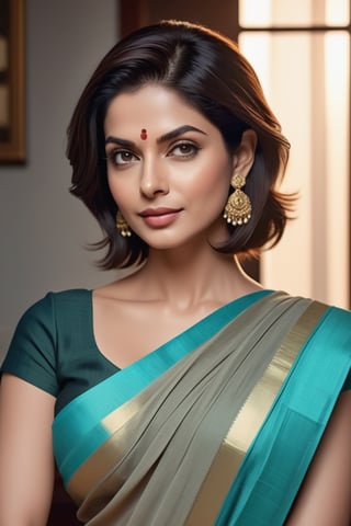 create a hyper realistic vertical photo of Indian most attractive woman in her 50s, Trendsetter wolf cut hair, trending on artstation, portrait, digital art, modern, sleek, highly detailed, formal, determined, wearing cotton saree, in luxurious home, 36D , fairy tone, fair skin, flirty gaze, anne hathway