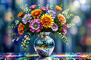 An image that has a mosaic style and a mirrored glass vase with beautiful and majestic flowers, the image is 8k quality