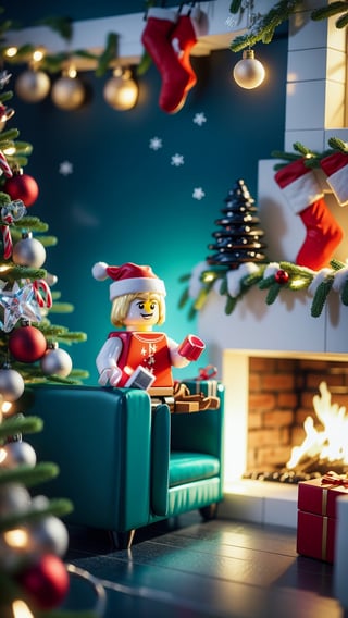 made of LEGO, Christmas Decorationade of crystal、No humans、depth of fieldlurry backround)、​masterpiece、top-quality、The ultra-detailliert,DonMN30nChr1stGh0sts,Chr457m45m3rg3D0nMN3M1C neon,LEGO MiniFig